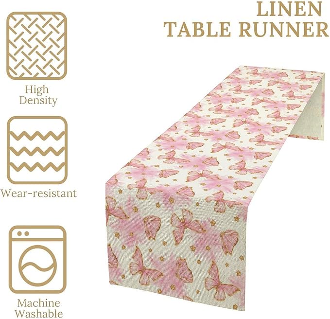 Watercolor Butterfly Table Runner, Cute Pink Butterfly Spring Modern Aesthetics Print Table Runner for Holiday Kitchen Dining Outdoor Home Party 13x36in
