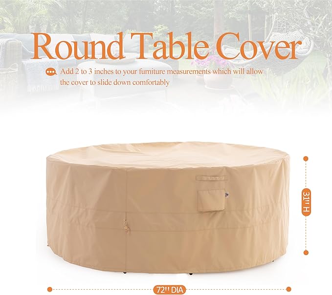 WJ-X3 Round Patio Furniture Cover, 72" D x 31" H, Waterproof, UV Resistant, Anti-Fading Outdoor Cover for Round Dining Table and Chairs Set, Beige