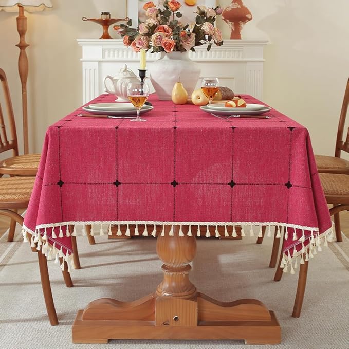 Pahajim Rustic Linen Tablecloth Cotton Rectangle Table Cloth for Kitchen Dining with Tassel Plaid Waterproof Tablecloths Rectangle/Oblong,55''x71'',4-6 Seats