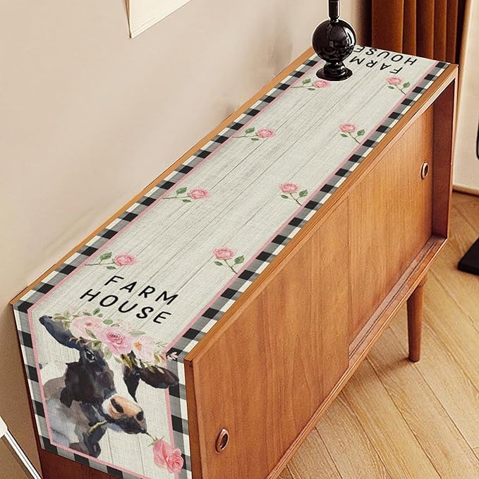 Cow Farmhouse Table Runner, Rustic Black White Plaid Buffalo Animals Flower Rose Farm Coffee Table Center Decor for Family Kitchen and Living Room Country Holiday Party Table Decorations, 13" X 36"