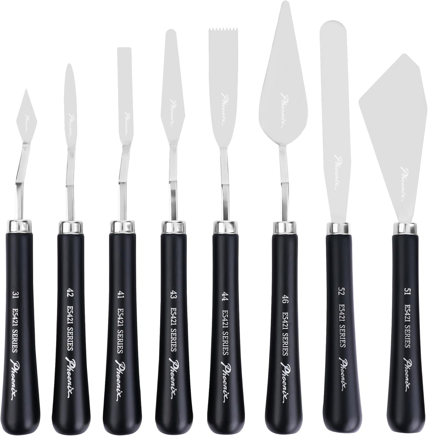 PHOENIX High Flexible Palette Knife Set, 8 Pieces Stainless Steel Painting Knives (31,41,42,43,44,46,51,52) Art Knife with Wood Handle, Paint Spatula for Oil Acrylic Paint