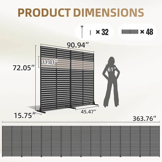 Privacy Fence Screen with Stand 6 Panel 72" H×47" W HDPE Decorative Panels with Steel Poles and Stand, Air Conditioner Fence Panels, Privacy Screen for Outdoor Backyard, Balcony, Pool