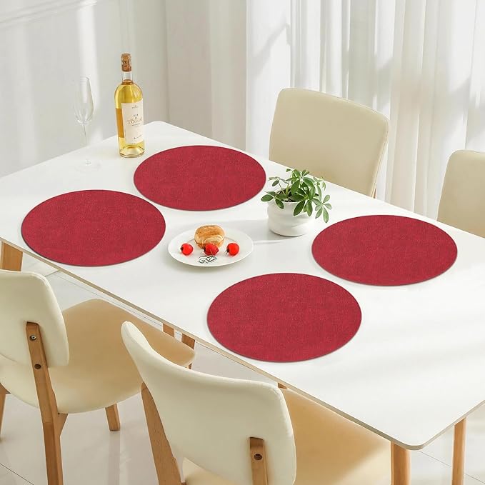 Homaxy Round Faux Leather Placemats and Coasters, Washable Dual-Side Table Mats, Wipeable Heat-Resistant Dining Place Mats for Outdoor and Indoor, Set of 6, Diameter 13 and 3.93 inch, Red