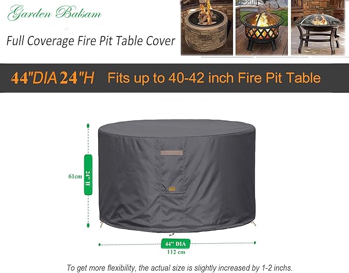 Fire Pit Cover 600D Heavy Duty Waterproof Fabric With PVC Coating Round 44" Dia x 24" H Dark Grey Fits 40-42 inch Fire Pit Table Fade Resistant Outdoor Firepit Cover
