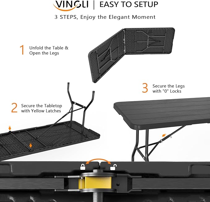 VINGLI 8 Foot Plastic Folding Table Portable Long Table for Indoor Outdoor Use Rectangular with Carrying Handle, Black