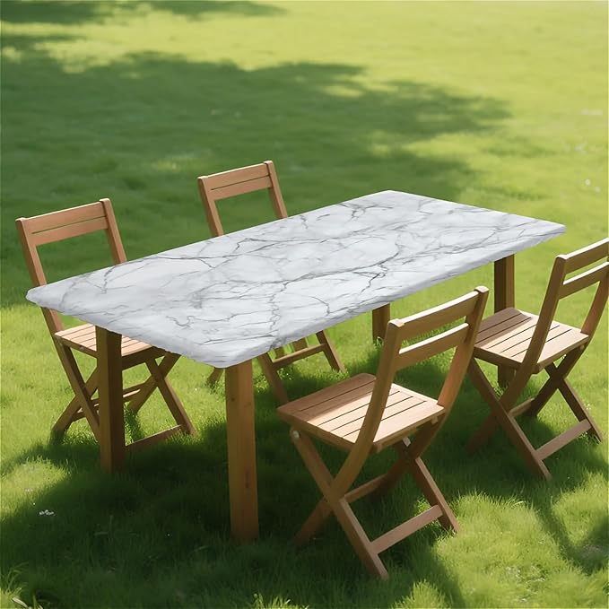 Rectangle Table Cloth Cover Waterproof Elastic Fitted Polyester Fitted Tablecloths for 8 Foot Tables for Indoor,Picnic, Camping, Outdoor （96" x 30"，Marble）