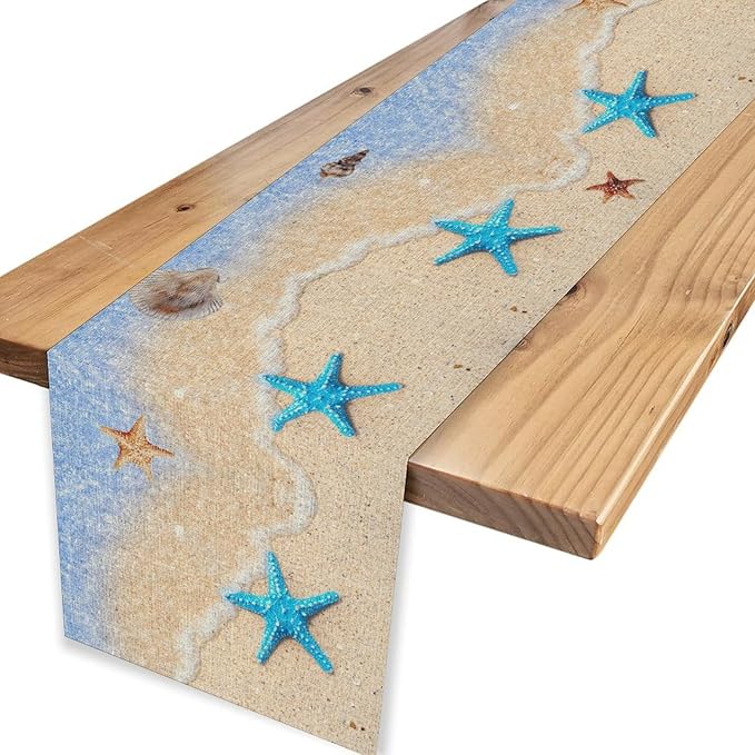 Summer Beach Table Runner, Nautical Starfish Coastal Seashell Ocean Blue Sea Seasonal Coffee Table Center Decor for Home Kitchen Dining Patio Holiday Party Table Decorations 13"x72"