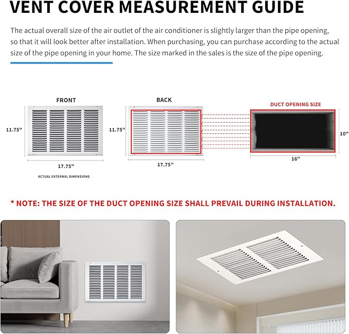 16x10 Return Air Grille(Duct Opening Size),Air Return Vent Cover,Flat Vent Cover,Rejillas De Aire Acondicionado Para Casa,Return Air Grilles,Outer Dimensions:17.75"Wx11.75"H(16"W x 10"H, Duct Opening)