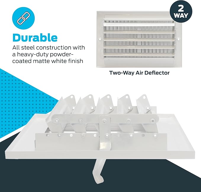 EZ-FLO 10 x 6 Inch (Duct Opening) Air Vent Cover for Wall or Ceiling, Two-Way Ventilation Register, Solid Steel HVAC Register Cover, White, 61610