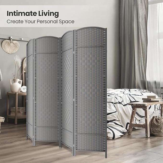 Paper Rope Room Divider, 4 Panel Wood Mesh Woven Design Screen with Double Sides Weaved, Foldable Portable Partition Divider Screen for Decorationg of Bedroom,LivingRoom,Office Separator