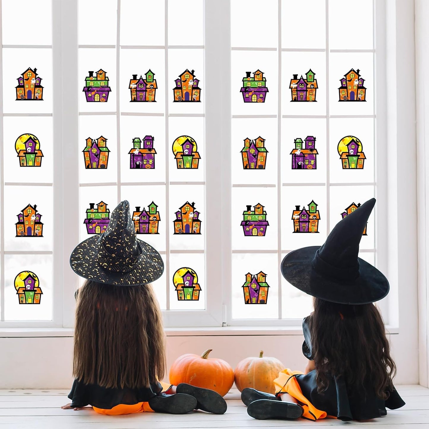 Renbuzhu 36PCS Halloweens Crafts Bulk: Haunted House Paper Suncatchers DIY Kit Party Activities Decorations, Window Stained Glass Effect Art Supplies