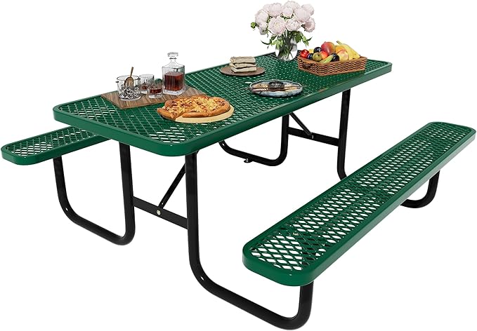 6FT Rectangular Metal Picnic Table for Outdoors, Commercial Steel Metal Picnic Tables, Heavy Duty Sturdy Picnic Tables Furniture Set for Patio Garden Courtyard BBQ, with Umbrella Hole, Green