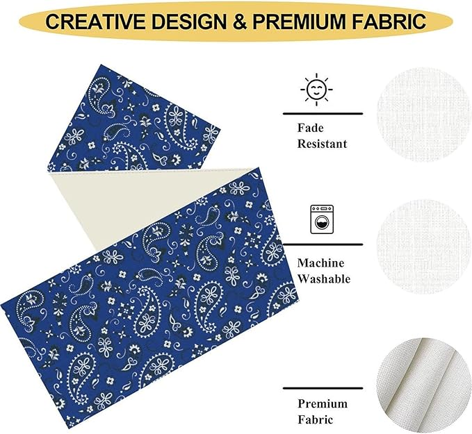 Blue Paisley Table Runner, Vintage Damask Antique Floral Flower Boho Damask Swirled Rustic Coffee Table Center Decor for Family Kitchen and Living Room Outdoor Table Decorations, 13"x90"