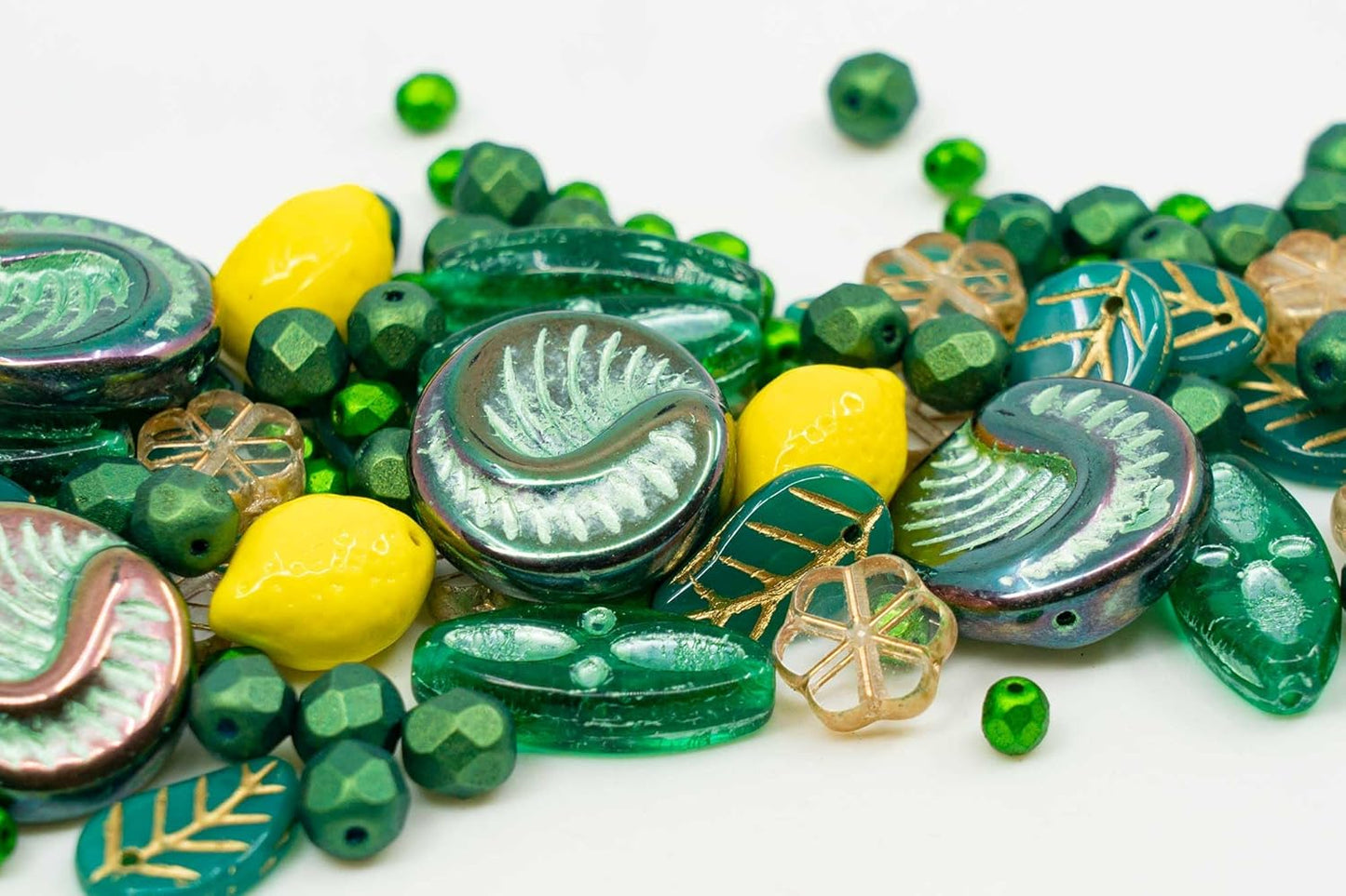 2.1oz (60g) of Focal Czech Glass Bead Mix with Lemon Shaped Beads, Seashel Beads and Leaf Beads, Emerald