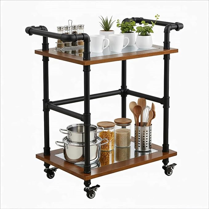 Industrial Pipe Bar Carts/Serving Carts/Kitchen Carts/Wine Rack Carts on Wheels with Shelves - Wood Rolling Carts - Wine Tea Liquor Shelves/Holder - Home Furniture (Two tiers pipe wood bar cart)