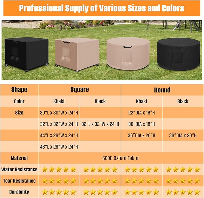 Kovshuiwe Porch Shield Fire Pit Cover Square-600D Fabric Waterproof and Resistant, Fits Outdoor For 44-48 Inch Fire Pit /Table Cover, Gas Fire Pit Cover-48"L x 28"W x 24"H, Khaki