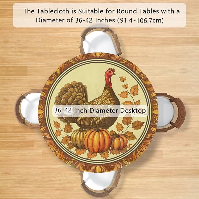 Thanksgiving Vintage Turkey Round Table Cloth Cover, Elastic Edge Waterproof Wipeable Tablecloths 36"-42" Polyester Tablecloth for Party Restaurant Banquet Holiday Camping Outdoor Picnic