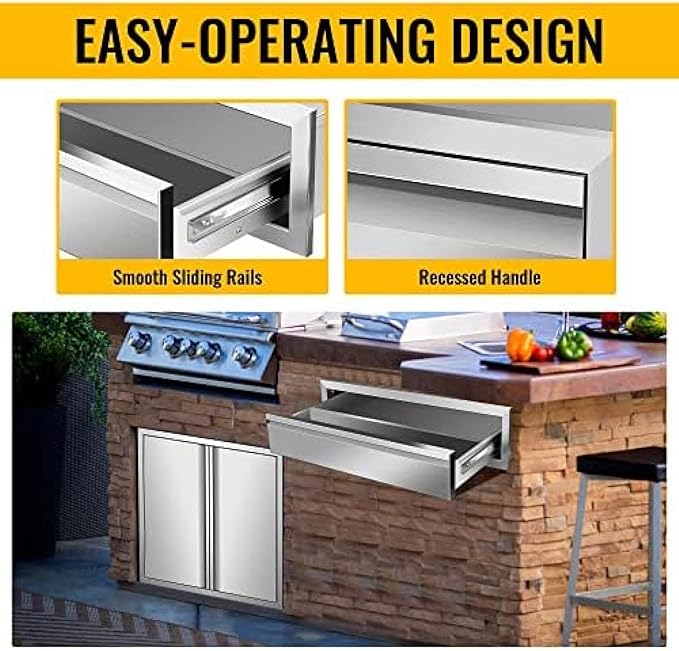 Outdoor Kitchen Drawers, Flush Mount Triple Access BBQ Drawers With Stainless Steel Handle, BBQ Island For BBQ Island Patio Grill Station,Single Drawer
