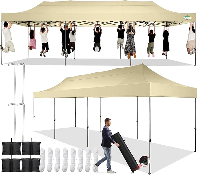 COBIZI 10x30 Pop up Canopy Tent 10x30 Canopy No Sidewall Waterproof Heavy Duty Commercial for Parties Outdoor Garden Gazebo Tent, Carry Bag with Wheel(10x30ft No Sidewalls, Khaki)
