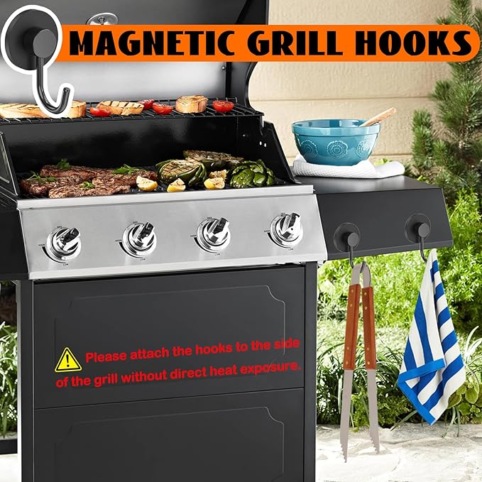 Strong Magnetic Grill Hooks, 2 Pack Magnetic Hooks for Grills Heavy Duty, Outdoor Grill Accessories Magnetic Hooks for Barbecue Tool, Utensils, Refrigerator, Kitchen