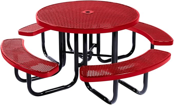 COATEDOUTDOORFURNITURE Heavy-Duty Portable Outdoor Picnic Table with Umbrella Hole, Punched Steel Commercial-Grade Patio Dining Furniture Made in America (46" Round Top, Textured Red)