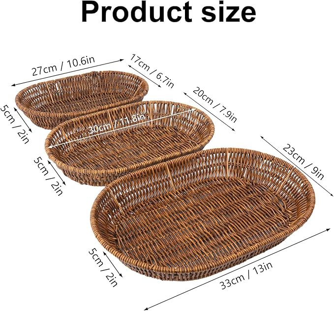 3 PCS Handwoven Oval Wicker Baskets Set - 3 Size Versatile Bread, Fruit, and Cosmetic Wicker Baskets, Bread Baskets for Serving, Suitable for Kitchen Counter, Dining Table, and Decor