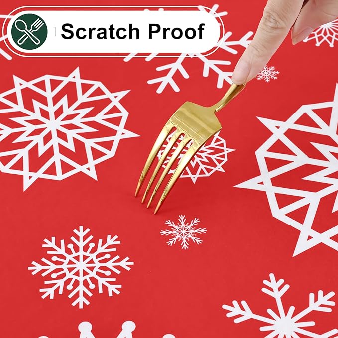 misaya Rectangle Waterproof Vinyl Table Cloth, Wipeable Tablecloth with Flannel Backing, Plastic Table Cover for Dinner, Christmas Party (Red Snowflake, 52" x 70")