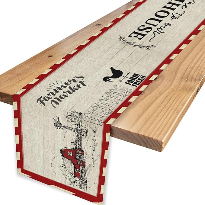 Farmhouse Table Runner, Rustic Country Barn Cottage Rooster Check Animal Plank Coffee Table Center Decor for Home Kitchen Dining Patio Holiday Party Indoor Outdoor Table Decorations 13"x90"