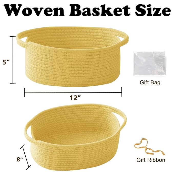 Gift Basket with Gift Bag and Ribbons,Small Rope Woven Shelf Storage,Baskets for Gifts Empty,Birthday,Baby Shower,Decorative Organizer Box with Handles(Yellow)