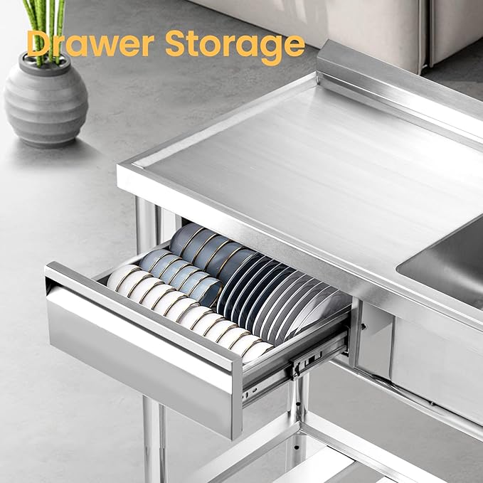 Stainless Steel Utility Sink, 47.2'' Free Standing Single Bowl Kitchen Sink with Cold and Hot Water Pipe, Left Drawer, Indoor and Outdoor for Laundry Room Farmhouse Kitchen(47.2 inch)