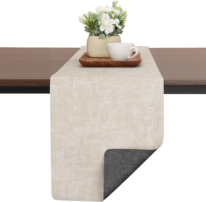 Table Runners 94 Inches Long, Dual-Sided Faux Leather Farmhouse Table Runner Waterproof Non-Slip for Living Room Party Home Decor Holiday Decorations(Gray Cream-White, 12 x 94 Inch)