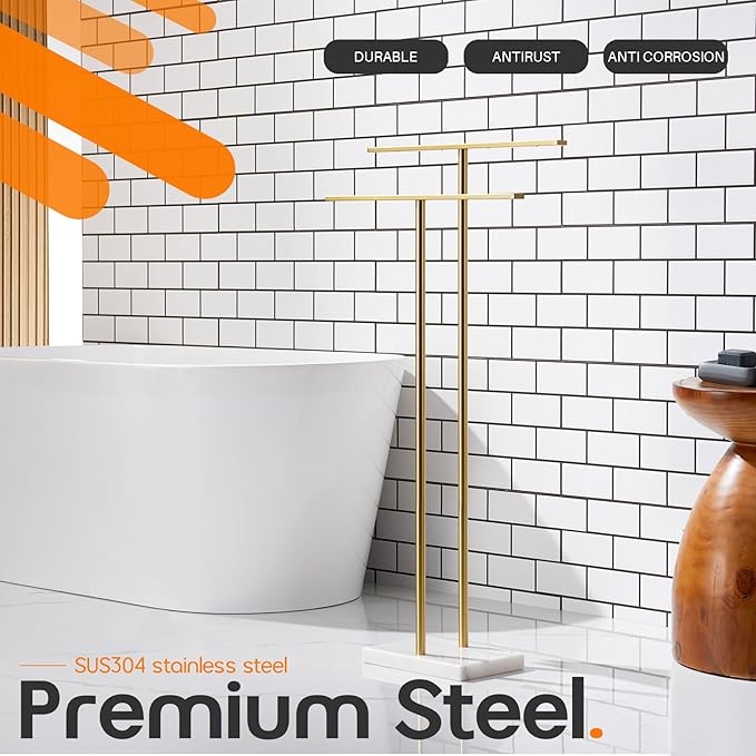 Standing Towel Rack for Bathroom 2-Tier Towel Holder Free Stand with Heavy Marble Base Gold Thicken Steady Design Stainless Steel AN7001GD