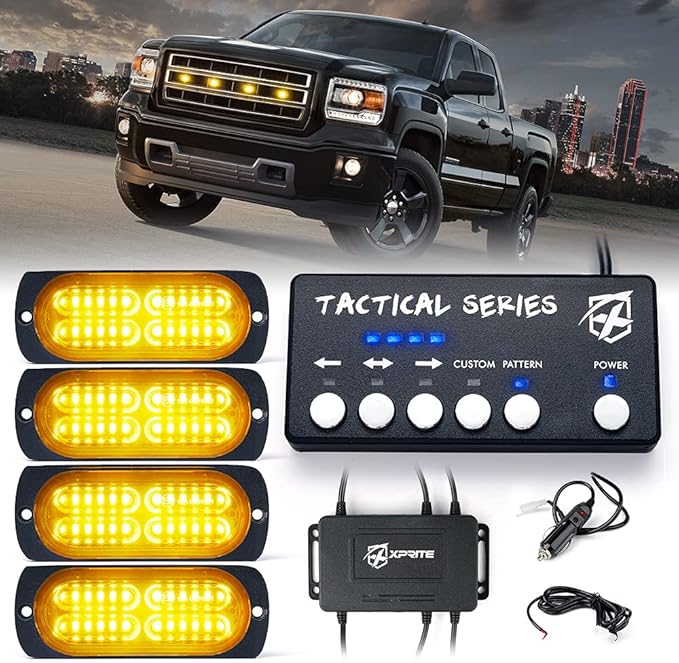Xprite 24 LED Amber Surface Mount Strobe Lights Kit with Control Panel, Grill Grille Side Marker Flashing Emergency Warning Light Assemblies for Trucks Vehicles ATV RV Cars Van 4PCS