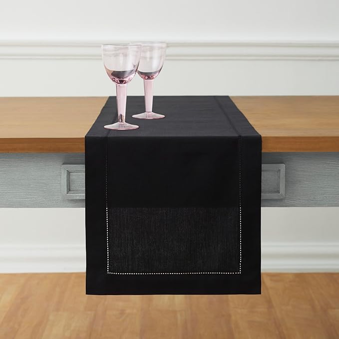 Solino Home Black Table Runner 36 Inches - Cotton Linen Hemstitch Coffee Table Runner 14 x 36 Inch Ideal for Dresser Tables - Winter, Spring, Easter