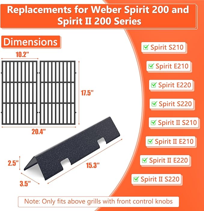 QuliMetal 7637 7635 Grill Parts for Weber Spirit E-210, Spirit 200, GS4 Spirit II 200, Spirit II E-210 Series, Spirit II E-210 Gas Grills,(Front-Mounted Control),15.3" Flavorizer Bars & 17.5" Grates