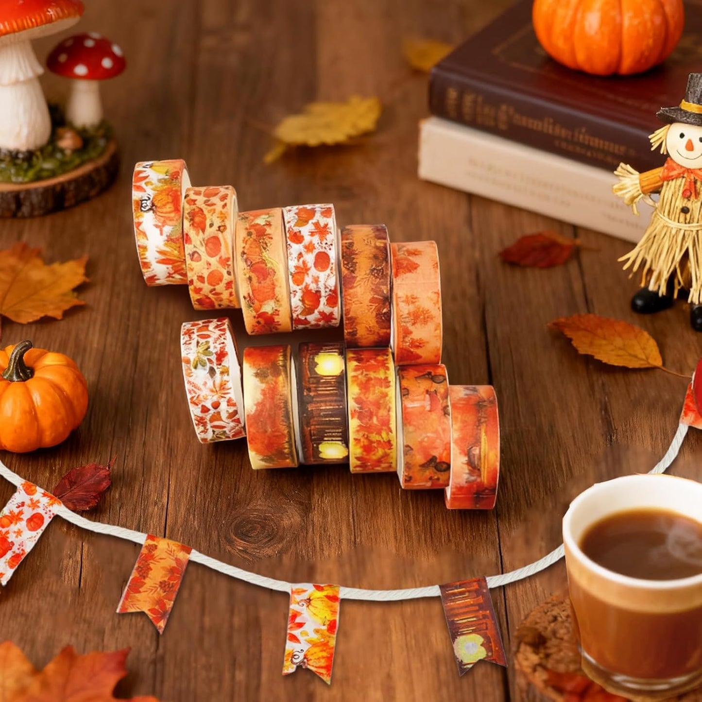 12 Rolls Autumn Washi Tape Set, Fall Maple Leaves Pumpkin Sunflower Thanksgiving Decorative Tape for Bullet Journal, Planner, DIY Arts Crafts, Scrapbooking, Gift Wrapping 16.4FT
