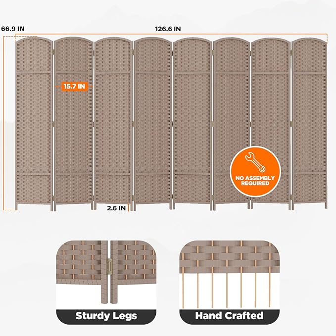 Room Divider 8 Panel Screen 5.6 Ft Tall Partition Room Dividers Beige Privacy Screens Folding Room Separation Free Standing Waterproof Wood Frame Wall Divider