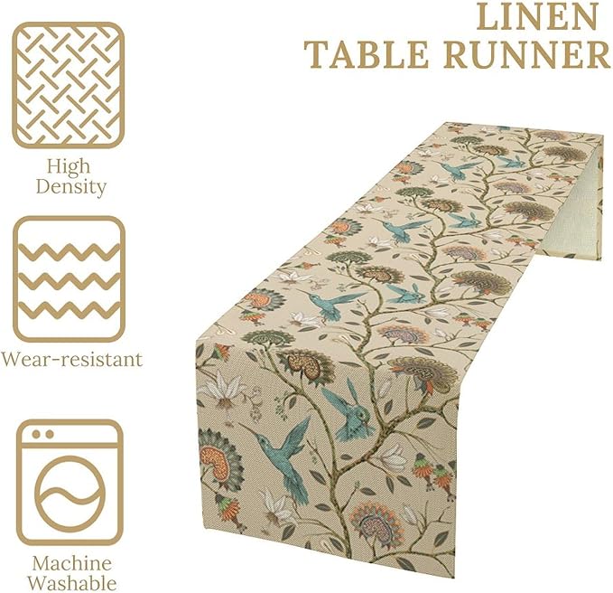 Floral Bird Table Runner,Vintage Boho Flower Birds Print William Morris Style Table Runner for Kitchen Dining Table Holiday Home Party Decor 13x70in