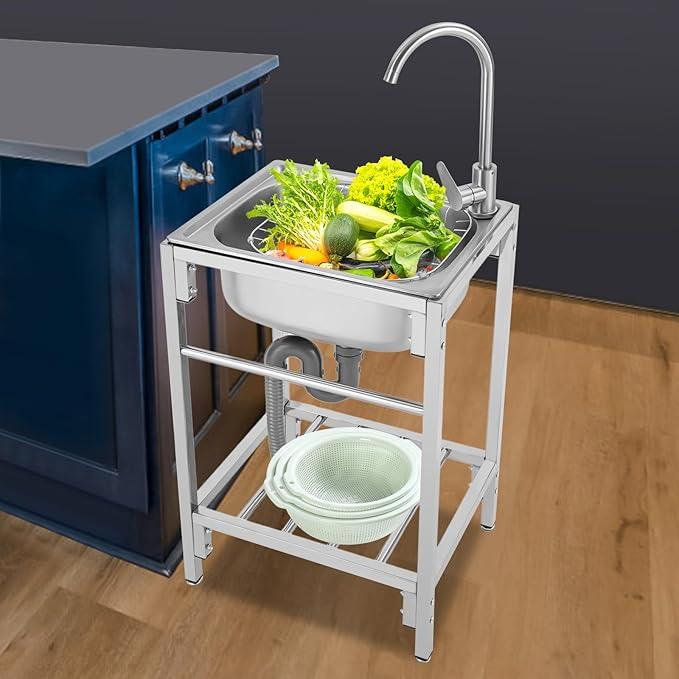 Stainless Steel Utility Sink Single Bowl Freestanding Laundry Sink with Rotating Faucet Portable Outdoor Single Basin Prep Sink Commercial Restaurant Sink for Kitchen