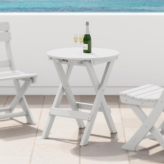 Costaelm Paradise HDPE Outdoor 24.5 Inch Round Portable Folding Patio Dining Table, White