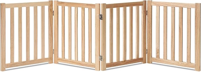 LZRS 4-Panel Wooden Free Standing Foldable Dog Gate Indoor – 24" High, Extra Wide Step-Over Safety Pet Gate for Doorways, Stairs, Hallways, Large Spaces & Playpen for Puppies Indoor Use, Natural