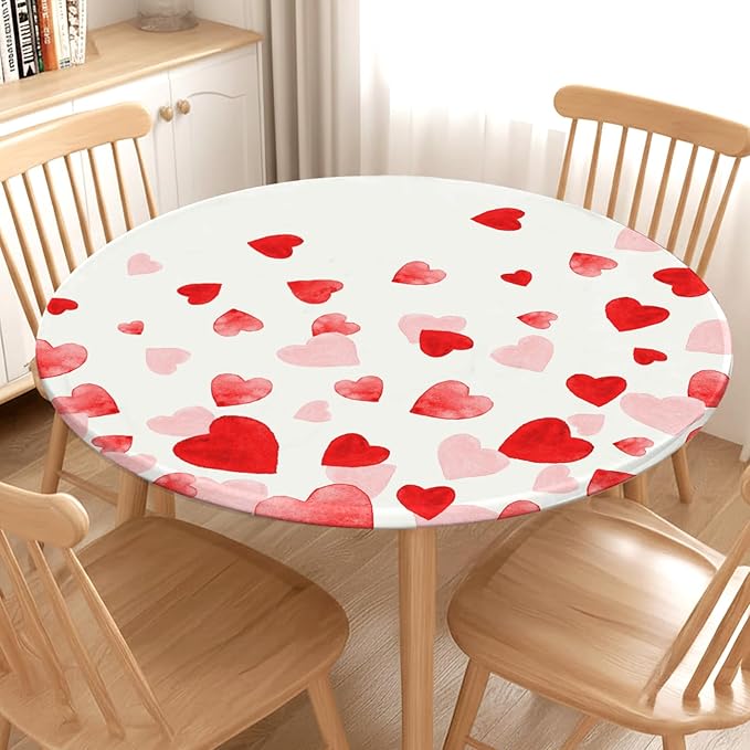 Valentines Day Round Fitted Tablecloth with Elastic Pink Red Love Heart Circle Table Cloth for 36-40" Round Tables Wipeable Waterproof Washable Valentine Table Cover for Picnic Dining Party Decor