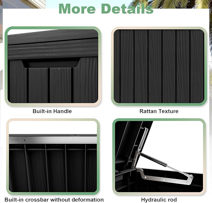 DRATO 80 Gallon Deck Box, Outdoor Storage Box for Patio Furniture, Patio Cushions, Gardening Tools, Pool Supplies 480lbs Weight Capacity,Waterproof Resin Storage Boxes（Black，80 Gallon）