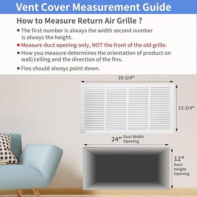 24"W x 12"H [Duct Opening Size] Steel Return Air Grille, Air Return Vent Cover for Ceiling and Sidewall - HVAC Air Vent Covers - [Outer Dimensions: 25.75"W x 13.75"H]