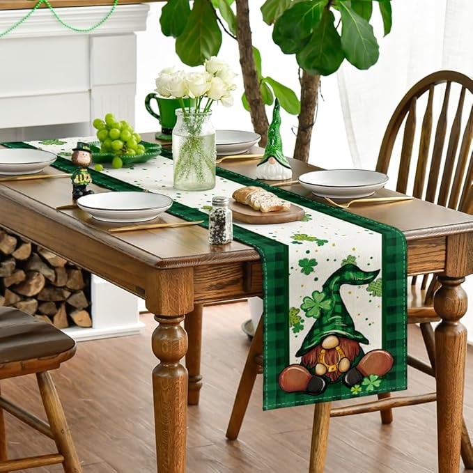 Artoid Mode Shamrock Buffalo Plaid Gnomes Lucky St. Patrick's Day Table Runner, Kitchen Dining Table Decor for Outdoor Home Party Decor 13 x 90 Inch