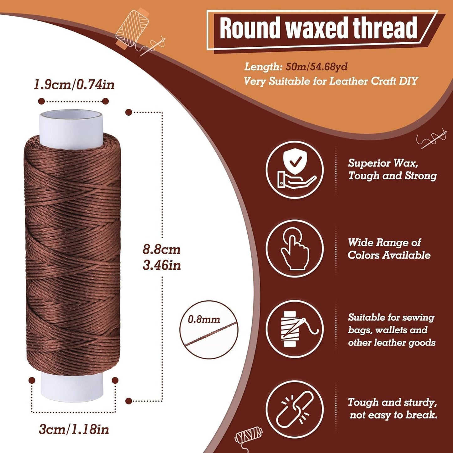 0.8 mm 54 Yards Waxed Thread for Sewing, Leather Thread for Sewing for Stitching, Bookbinding, Bracelet, Braiding (Dark Khaki)