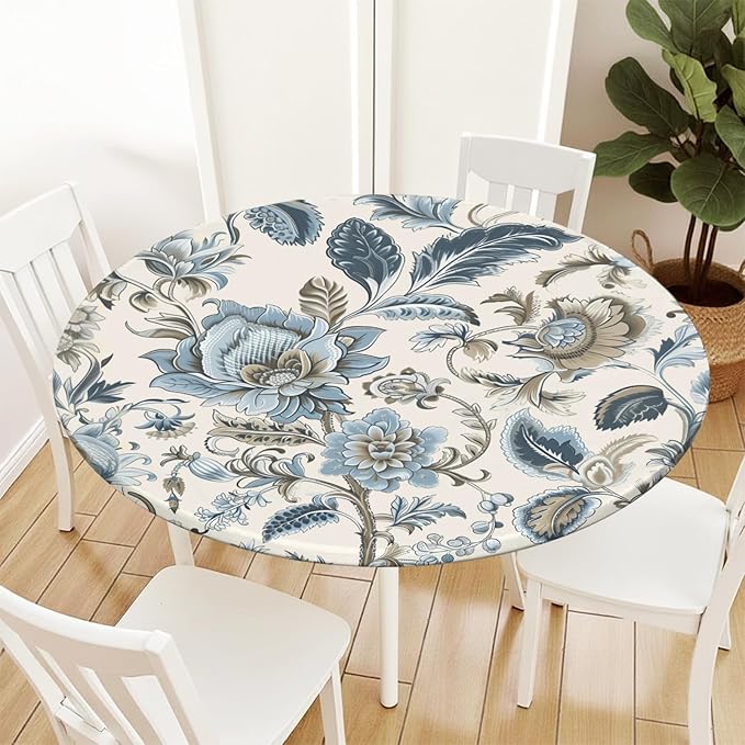 Vintage Floral Round Fitted Tablecloth with Elastic Blue Brown Chinoiserie Flower Circle Table Cloth for 48-52" Round Tables Wipeable Waterproof Elegant Rustic Table Cover for Dining Patio Picnic