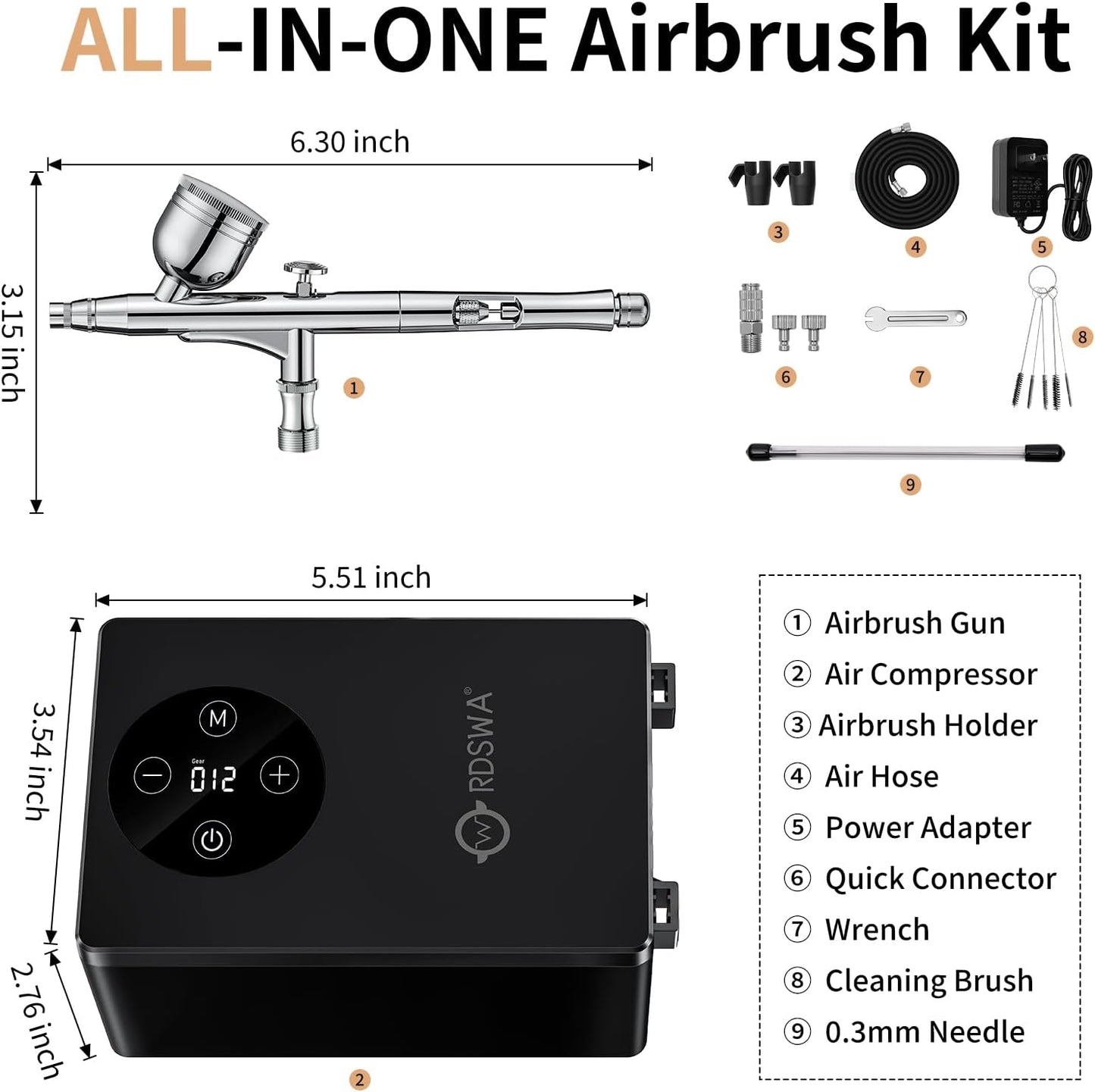RDSWA Airbrush Kit with Air Compressor Machine,Aerografo,12-Gear Touch Sensing,51psi High Pressure Air Brush Sets,Dual-Action Spray Gun Set,Ideal for Painting,Cake,Makeup,Nails,Model,Tanning,Barber