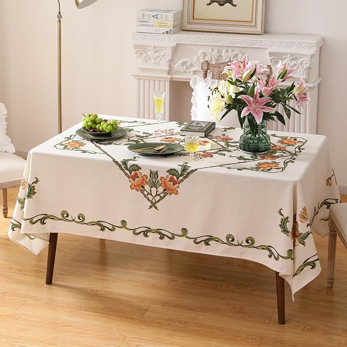 patdrea Designer Vintage Linen Rectangle Tablecloth,French Floral Tablecloths,Wrinkle Free Table Cloth,Decorative Table Cover Cloth for Kitchen,Dining,Tea Party,Home,Christmas,55"*79"