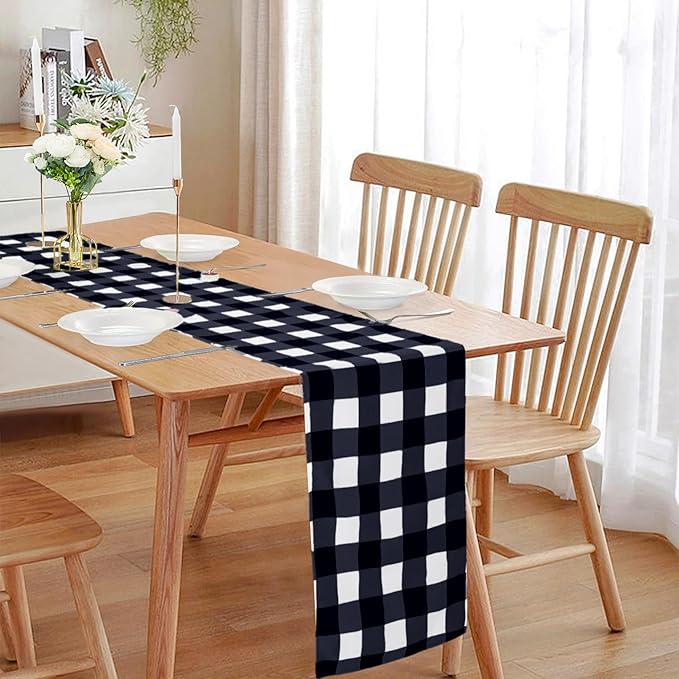 Fabric Checkered Table Runner 6 Pack Waterproof Gingham Table Runner 14W x 108L Buffalo Check Table Runners for Parties Kitchen Dining Wedding Banquet (Navy and White)